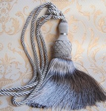 XL Luxus Gardinenhalter m.Kordel 75 cm Quaste 29 cm grau Quasten Raffhalter DE