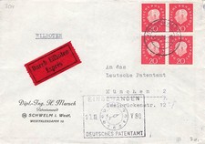 130426) Bund Nr. 304 Heuss (VB) auf Eilbrief ans Patentamt (Uhren-Eingangsst.)