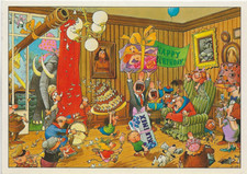 56/646 AK PARTY TORTE KERZEN PANZER ELEFANT HUND ZEITUNG SESSEL MUSIK PAUKE BILD