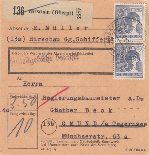 Paketkarte 1947 hirschau nach - hirschau,