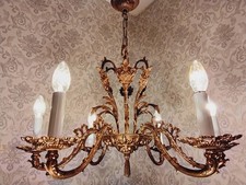 antik 6 Fl Kronleuchter Deckenlampe Lüster Goldbronze Barock Frankreich ca.1920