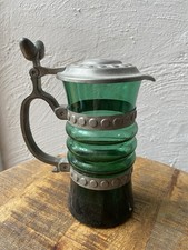 Glaskrug Grün mit Zinndeckel mit 2 Eicheln - Rein Zinn - Alter nicht bekannt