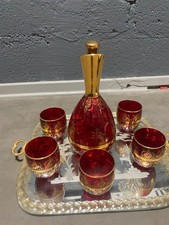 Vintage Likörset Rot-Gold mit Karaffe & 6 Gläsernverspiegeltem Tablett (Murano)