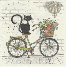 3 Servietten 33x33 *Schwarze Katze und Blumenkorb auf Fahrrad*