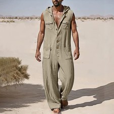 Herren Jumpsuit Overall Cargo Latzhose Ärmellos Schlupfhose mit Kapuzen Playsuit