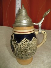 kleiner Seltener Steinzeug-Bierkrug mit massivem Zinndeckel – Hersteller KING  