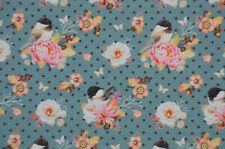 jeansblauer Jersey mit Vögeln und Blumen Rosen Stenzo 50 x 150 cm Stoff Nähen