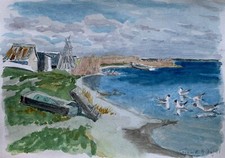 Aquarell Karl Adser 1912-1995 Fjand Nissum Fjord Nordsee Möwen Dänemark 1991