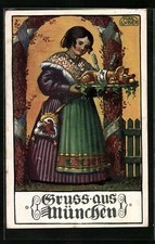 Künstler-AK Max Luber: München, Frau in Tracht mit einem Spanferkel 1921 