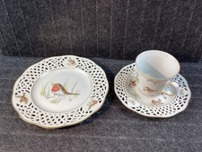 Sammeltasse Gedeck, Burg Lindau feines Porzellan, Vogelmotiv, Durchbruchmuster