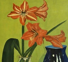 J. Svenke signiert Stillleben-Aquarell um 1950: AMARYLLIS im GLAS und BLAUE VASE