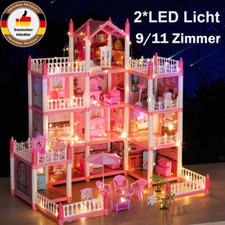 4 Etagen 11Zimmer Puppenhaus mit Möbeln Zubehör inkl. kleine Puppe LED Licht DHL