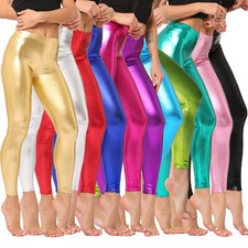 DE Damen Metallic Leggings Glitzer Lederhose Laufen Strumpfhose Hohe Taille Hose