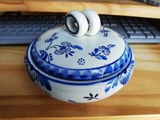 Runde Deckeldose Hirschau Keramik 1950 Weiß-Blau Dekor Art Deco guter Zustand