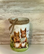 Windlicht Teelichtglas Dekoglas Leuchtglas Eichhörnchen Herbst Serviettentechnik