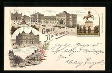 Lithographie Hannover, Bahnhof, Post, Sachsenroß, Pferdekutsche 1897 