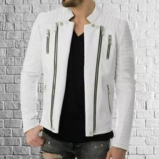 Bold Edge Look: Trendy Weißes Lammleder Reißverschluss Lederjacke Für Männer