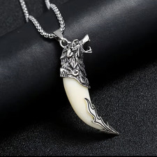 Wikinger Wolf Zahn Kette Fenrir Edelstahl Kette mit Wolfskopf Rocker Schmuck