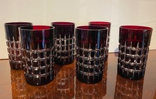 Überfang Glas/ 6 Bechergläser/ Bleikristall rubinrot / Waffelschliff/ Handarbeit