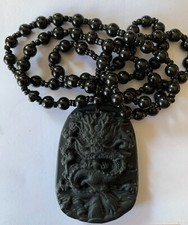 EDELSTEIN-HEILSTEIN -Halskette mit OBSIDIAN - Amulett  " DRACHEN "