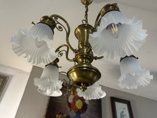 Deckenlampe Antik England 30er Jahre, Messing, 5  armig 5 Glasschirme Jugendstil