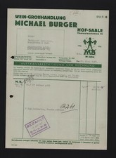 HOF/SAALE, Rechnung 1937, Michael Burger Wein-Grosshandlung