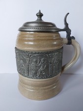 deutscher Bierkrug 12 Apostel aus Steinzeug mit Zinndeckel 1 L, 21,5 cm hoch