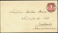 Öhningen Konstanz 1877 Ganzsache nach Neuwied Rheinpreussen Couvert No.3