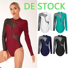 DE Damen Gymnastikanzug Langarm Turnanzug Strass Tanz Body Eiskunstlauf Trikots