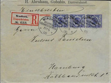 DSWA 1900, R- Brief Mi 4 senkrechter 3er Streifen Windhuk- Hamburg