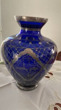 große Art Deco Vase kobaltblau, Silber Silver Overlay Malerei, um 1920