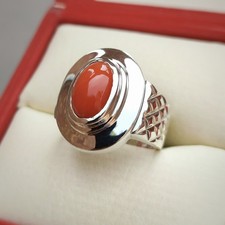 Tiefroter Marjan Ring für Herren 925 Sterling Silber Natur Koralle Handarbeit Schmuck