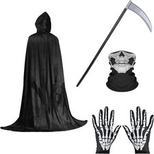 Halloween Sensenmann Kostüm Set mit Kapuzenumhang Umhang Sense Handschuhe Onesz✅