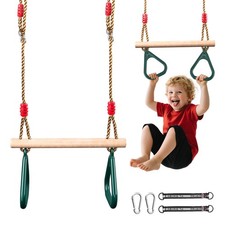 2 in1 Schaukelsitz Set Holztrapez Ringe Schaukelbrett Turnringe Metall Bis 150kg