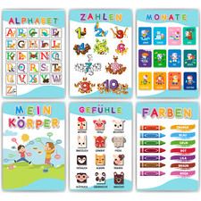 Kinderposter 6er Set Alphabet, Zahlen, Monate, Körper, Gefühle, Farben Lernpos