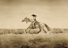 Western Cowboy Pferdereiten Sepia Wandkunst Vintage Offene Landschaft