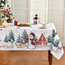 Weiß Tischdecke Weihnachten Schneemann Bäume Schneeflug Tischwäsche 140x110 cm