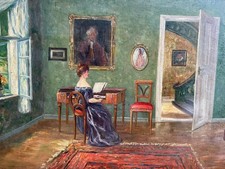 ÖLGEMÄLDE AUF LEINWAND DIE MUSIKSTUNDE FRAU IM ZIMMER GERAHMT