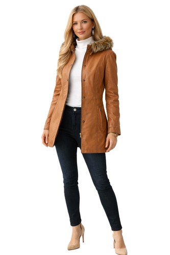 Mona leder jacke camel mit - camel,