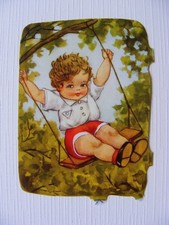 Glanzbild Oblate Poesiealbum Sammlung Kinder alt Junge Schaukel Garten Sommer