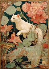 Jugendstil Katze Meerjungfrau Kunstdruck Fantasy Feline Lotus Teich Vintage Deko AF77