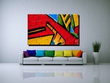 LEINWAND BILD ER XXL POP ART GRAFFITI WAND MAUER GELB ROT BLAU ABSTRAKT 150x90