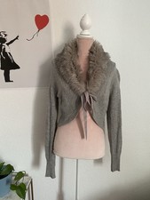 Strickcardigan Grau Strick Bolero Weste Kunstfellkragen Boho Hippie Cardigan 