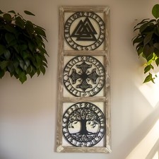 Metall Holz Wandbild, Thors Hammer, Weltenesche, Valknut, Handarbeit 
