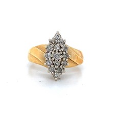 Vintage 14K Gelbgold mit rundem Diamant Cluster Navette Halo geschnitzter Bandring