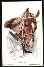 Künstler-AK Harrison Fisher: Dumb Luck, junge Dame füttert Pferd 