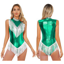 DE Damen Metallic Body Mit Fransen Glanz Bodysuit Wetlook Lackleder Catsuit 