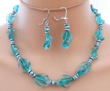 Schmuckset Halskette Ohrring Lampwork Silberfoil Murano Art Twist Petrol 311b