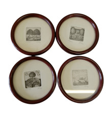 4er Set gerahmte Bilder Zeichnungen signiert Vintage Wandbilder Deko