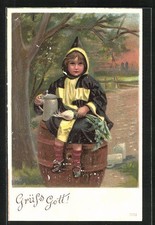 Präge-Lithographie Münchner Kindl, in Tracht mit einem Bierkrug 